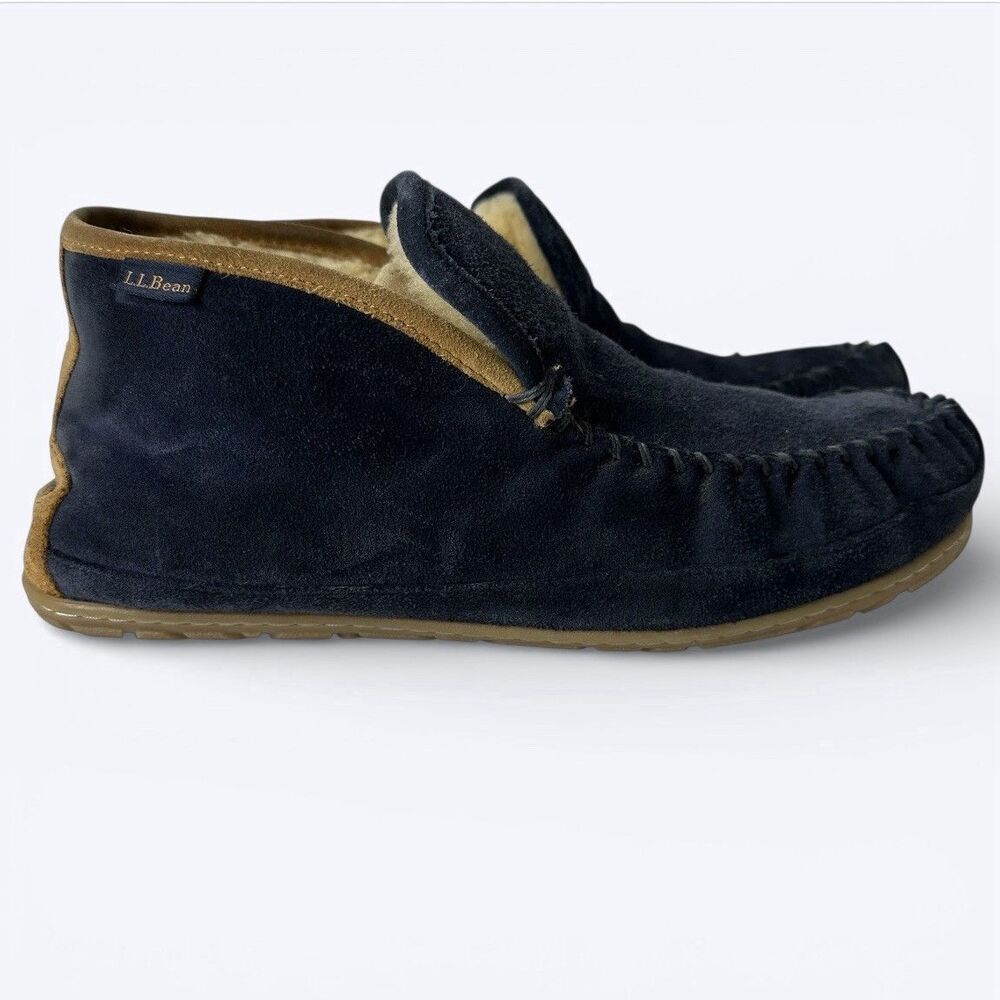 LL Bean Wicked Good Boot Moc Slippers Mens 11M Blue Shearling Lined Suede Upper